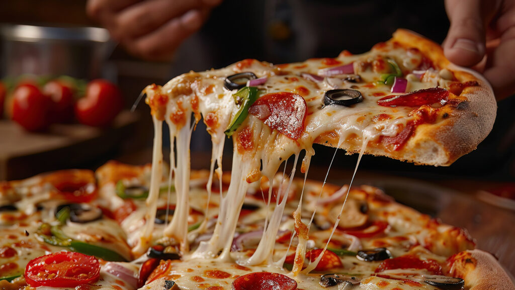 Nahaufnahme einer Pizza mit geschmolzenem Käse, Peperoni, Oliven und Paprika, von der ein Stück gerade herausgehoben wird